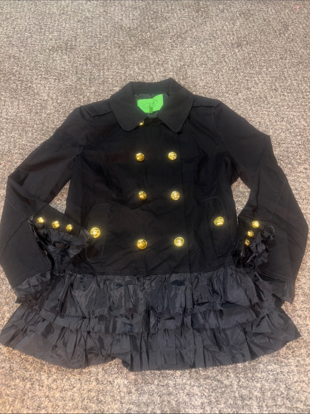 Women’s Black Ruffle Hem Double-Breasted Coat with Gold Buttons